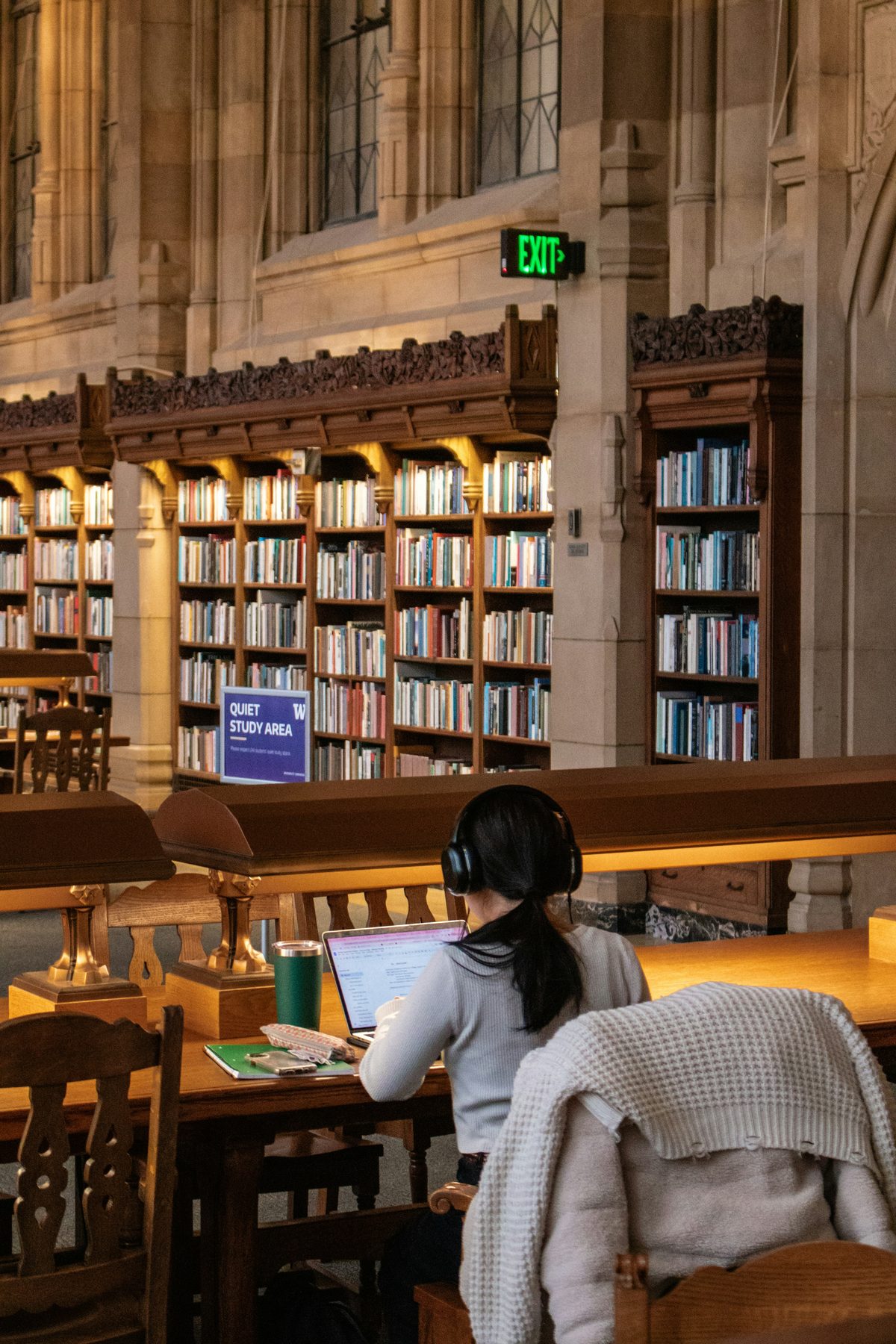 Student studying independently in a university library